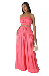 Two-Piece Flowing Wide Leg & Strapless Bralette Top Set By Claude PEACH L